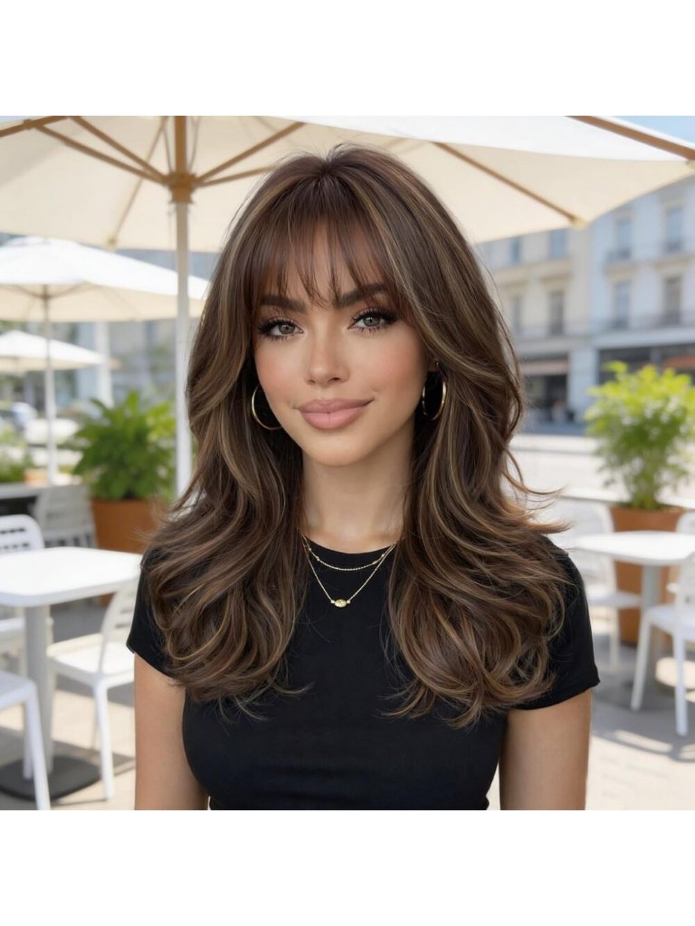 Women's Brown Highlights Natural Looking 18 Inch Classic Synthetic Layered Wigs